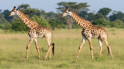 Obraz premium Giraffes Walking in Grassy Savannah at Golden Hour