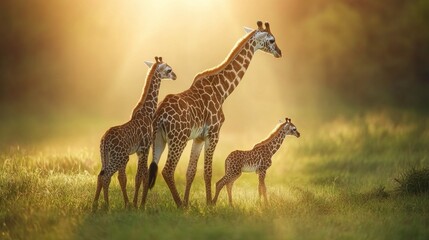 Obraz premium Giraffes Walking in Vibrant Bushland at Soft Lighting