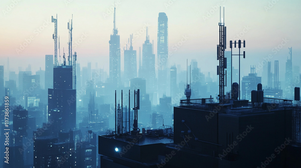 Poster view from a rooftop overlooking a hazy city skyline at twilight. generative ai