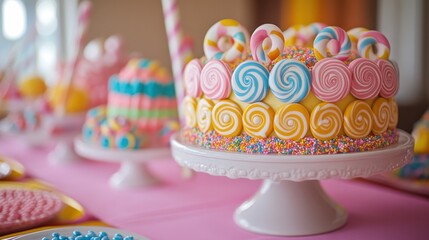 Colorful candy-themed cake with swirled frosting and festive decorations at a cheerful celebration. Generative AI