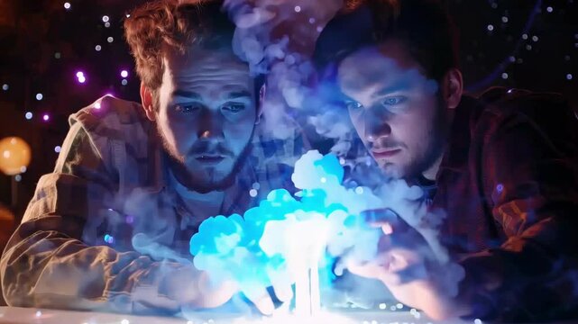 Two men are looking at a glowing orb on a table. The image has a mysterious and intriguing mood, as the men seem to be trying to understand the nature of the glowing object