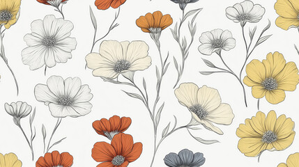 Colorful cosmos flowers seamless pattern blooming on white background. Spring background. Small hand drawn flower pattern