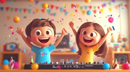 Celebrate friendship with joyful kids at a vibrant music party filled with confetti and colorful decorations for fun. Generative AI