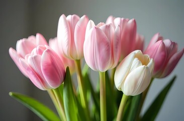 Spring flowers. Women's day background. Bouquet of white and pink tulips