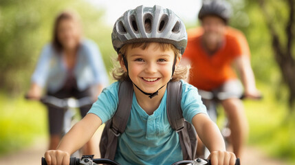 Naklejka premium Happy child enjoying a bicycle ride in a sunny park with family. Generative AI