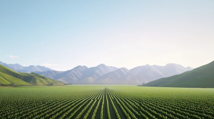 Fototapeta premium Rows of vibrant green crops stretch towards a majestic mountain range, showcasing sustainable agriculture practices in a picturesque valley bathed in sunlight