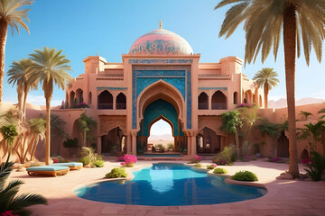 Naklejka premium A Luxurious desert palace nestled by oasis in the heart of the desert.