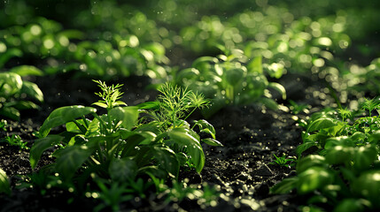 Rows of vibrant herbs flourish in a garden, nourished by the earth and sunlight. The fresh greenery indicates care and attention to organic gardening