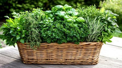 Fototapeta premium A lively assortment of fresh herbs fills a woven basket, showcasing basil, parsley, thyme, and mint, all thriving in a sunny garden setting during springtime