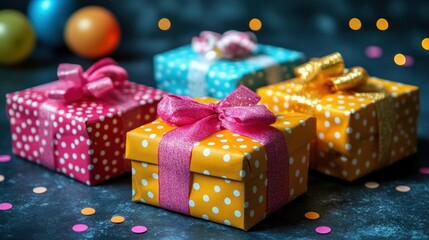 Obraz premium Colorful gift boxes with ribbons and polka dots on a festive background.