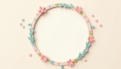 round decorative frame with pastel pink flowers and green leaves on a beige background