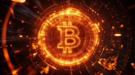 Bitcoin glowing symbol rotating inside futuristic concentric circles with orange light streaks