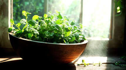 A wooden bowl filled with fresh herbs sits on a rustic table, illuminated by soft sunlight streaming in through a nearby window