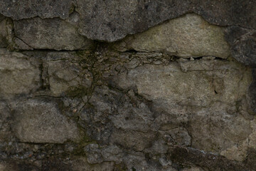 Stone wall surface displays intricate patterns of vibrant moss and fungal growth, showcasing age and decay