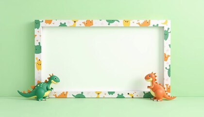 Rectangular dinosaur-themed photo frame with toy dinosaurs on light green background