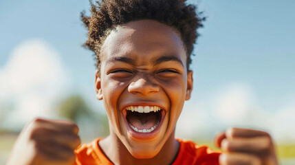 Teenager celebrates victory after winning sports competition. Generative AI
