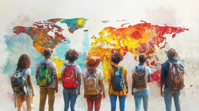 Colorful world map, backpack-wearing travelers gazing.