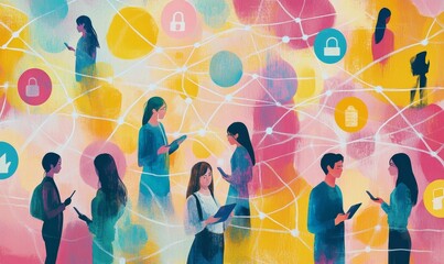 Connected figures using devices, colorful abstract background.
