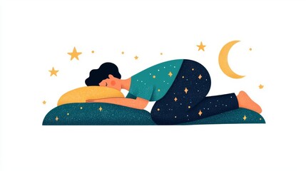 Illustration of a person sleeping peacefully under a starry sky.