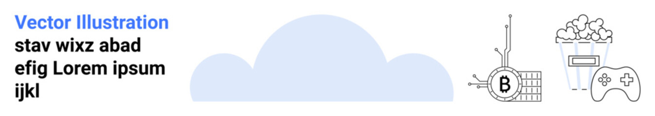 Cloud in the center with text on the left. Bitcoin symbol with chart and grid, bucket of popcorn, and video game controller on the right. Themes Ideal for fintech, entertainment, gaming, cloud