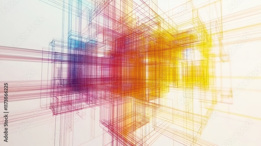 Poster a vibrant 3d wireframe structure with intersecting lines forming a complex abstract design. ideal fo