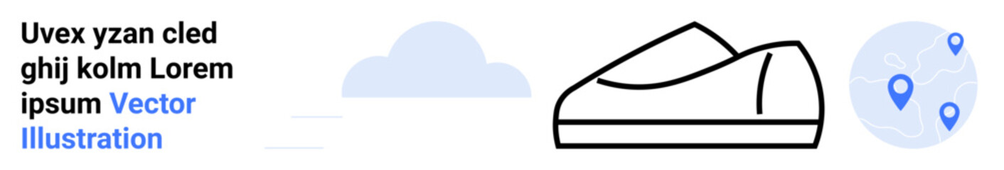 Casual shoe sketch positioned centrally with minimalist plain lines. Accompanied by a cloud and location pin elements representing connection and navigation. Ideal for fashion websites, e-commerce