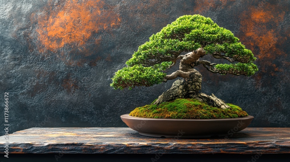 Poster captivating bonsai tree highlighting intricate details and vibrant foliage against a textured backdr