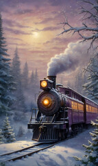 Obraz premium A majestic steam train crosses snow-covered tracks in a deep forest.