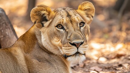 Obraz premium Lioness Resting by the Dry Riverbed in Bushland