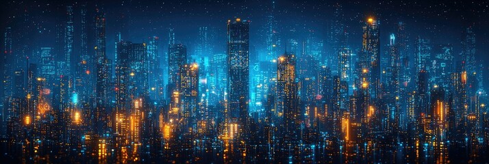 Fototapeta premium Futuristic city skyline at night, glowing buildings and lights.
