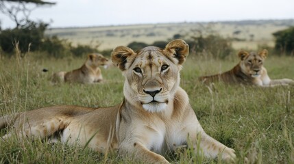 Fototapeta premium Lions Resting on a Small Hill in Soft Lighting