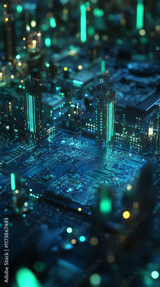 Aufkleber abstract background featuring a circuit board illuminated by vibrant blue and green lights, creating