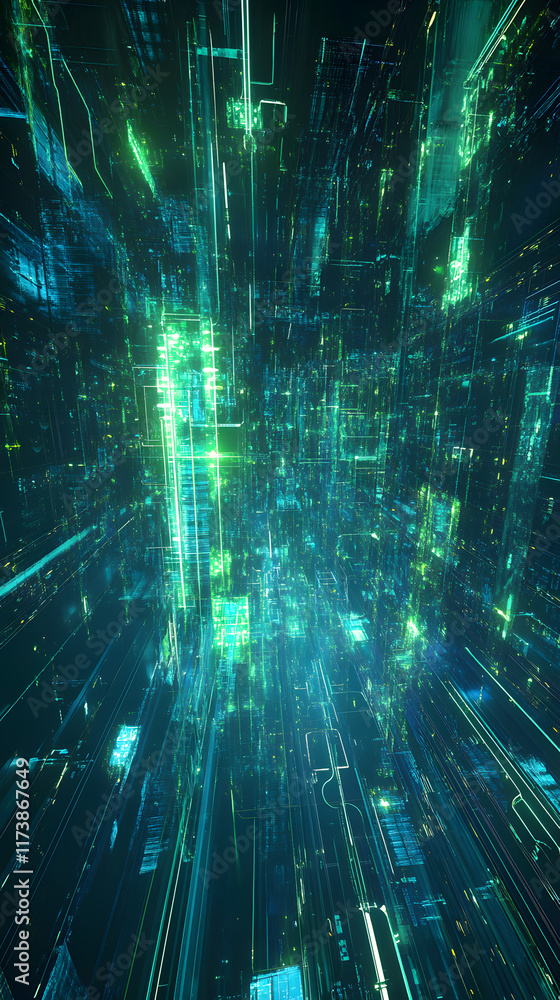 Poster glowing blue and green abstract background with light trails, creating a sense of depth and motion i