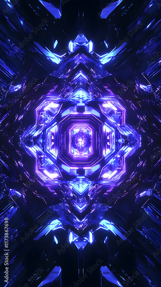 Poster abstract background featuring glowing blue and purple lights, creating a symmetrical and dynamic des
