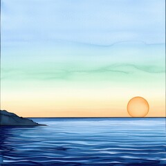 Obraz premium A serene sunset over calm waters, with gentle waves and a soft sky blending colors from orange to blue, creating a peaceful coastal scene.