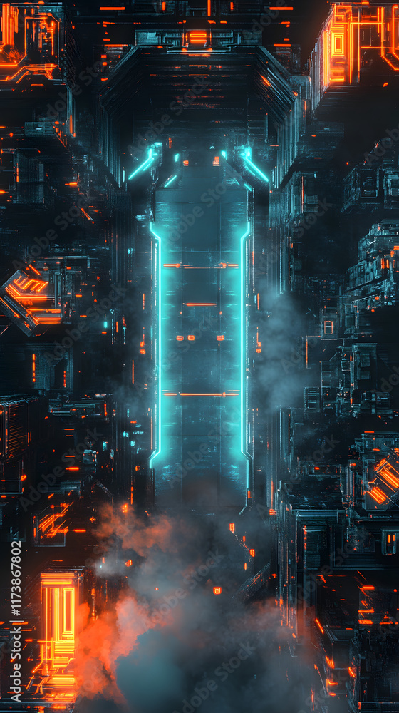 Poster abstract background featuring glowing teal and orange lights with intricate geometric patterns and a