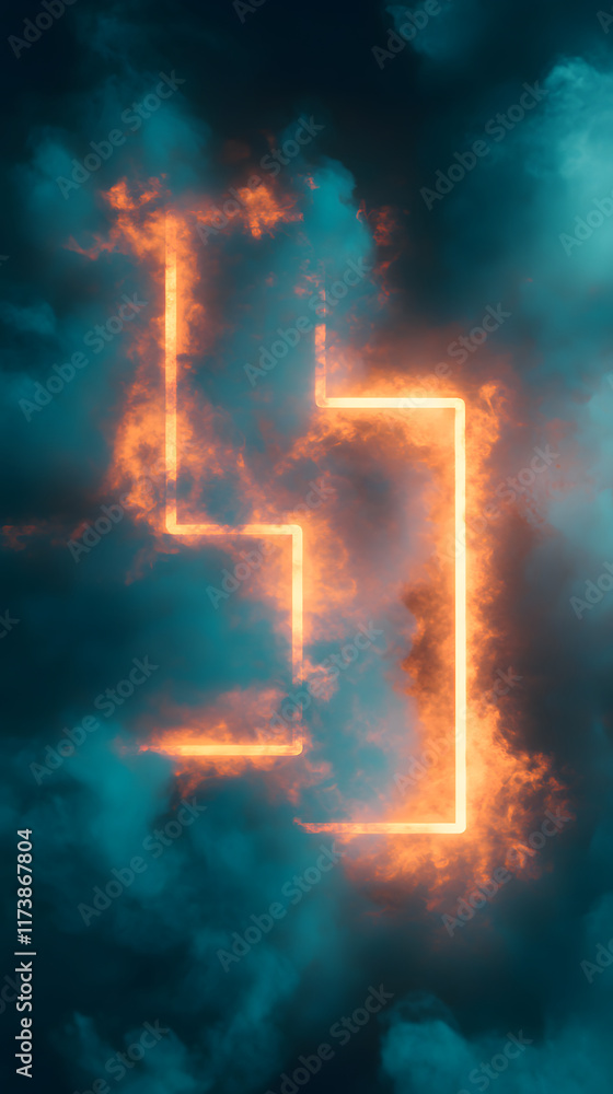 Poster abstract background featuring glowing teal and orange shapes amidst swirling clouds, creating a myst