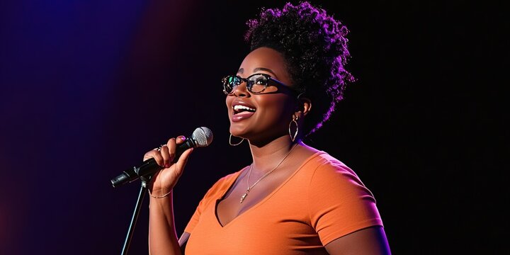 black female stand-up comedian telling joke on stage -
