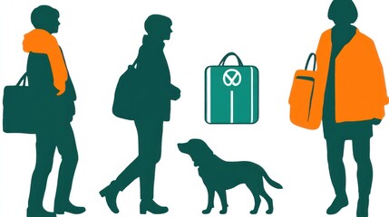 Silhouettes of people walking with a dog and a suitcase, suggesting travel or movement.