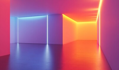 Neon-lit room, vibrant colors, sleek floor.