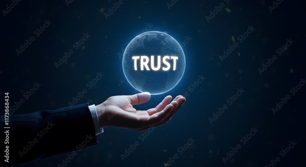 Aufkleber trust and transparency representation with glowing globe held by hand symbolizing confidence and fut