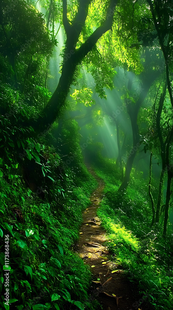 Poster a tranquil forest trail winds through lush green foliage, illuminated by soft rays of sunlight filte