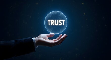 Trust and transparency representation with glowing globe held by hand symbolizing confidence and futuristic corporate approach