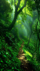 Fototapeta premium A tranquil forest trail winds through lush green foliage, illuminated by soft rays of sunlight filtering through the trees, creating a serene and enchanting atmosphere