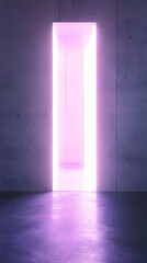A glowing doorway emits soft pink light, creating an inviting atmosphere in a modern, minimalistic space with smooth concrete walls and polished flooring