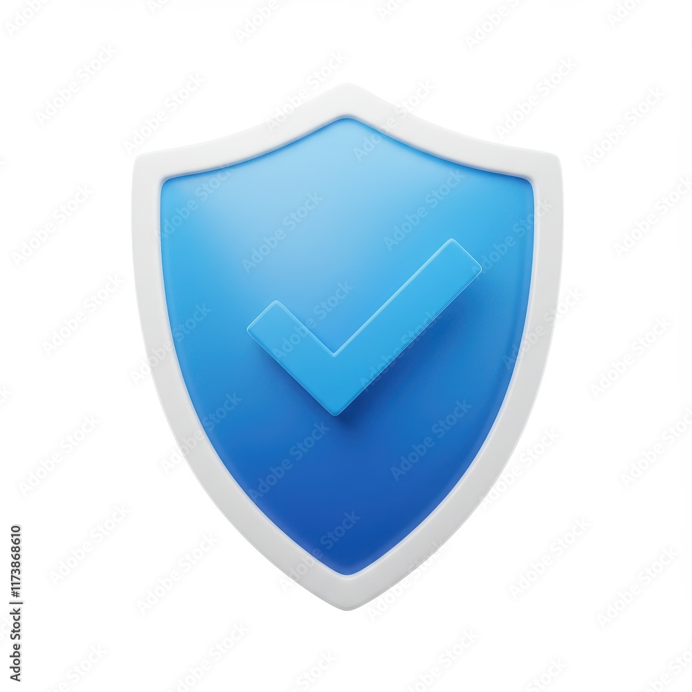 Poster shield with check icon with a blue and white color scheme isolated on white background