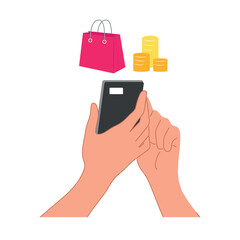 Online shopping and payments. Smartphone with shopping bag and coin stack icons. E-commerce tools.