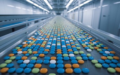 Fototapeta premium Colorful candies on a conveyor belt in a factory.