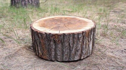 Obraz premium A cut tree stump resting on the ground amidst grass and pine needles.