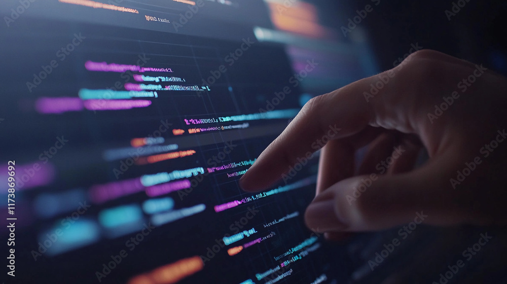 Poster modern code editing with focus on finger interacting with text on screen. generative ai